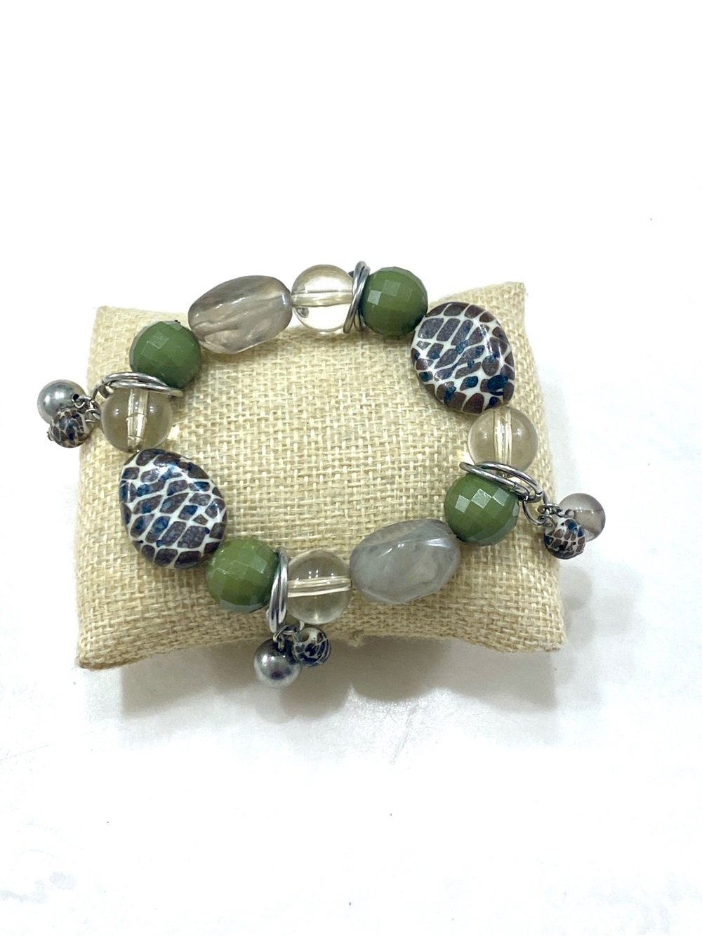 Green and Neutral Beaded Stretch Bracelet